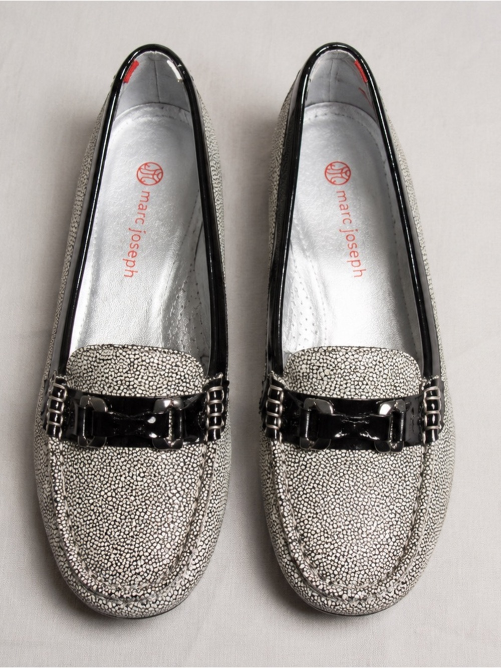 Marc Joseph Silver Pebbled Leather Golf Shoes with Black Patent Trim